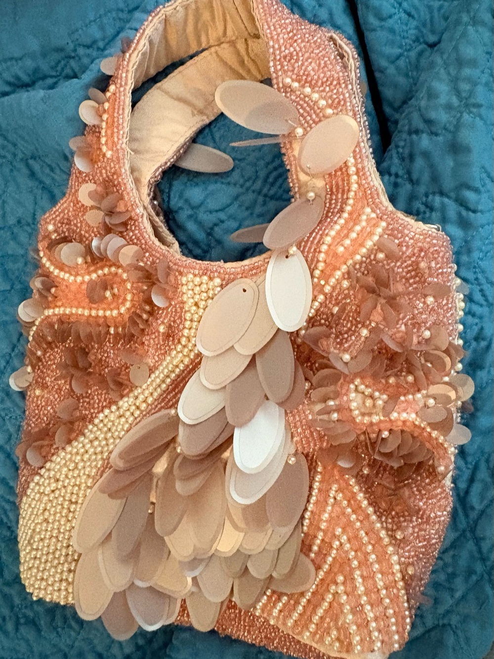 Peach Pink Beaded Mini Bag Sequin Pearl Detail Silver Tone Crossbody Chain